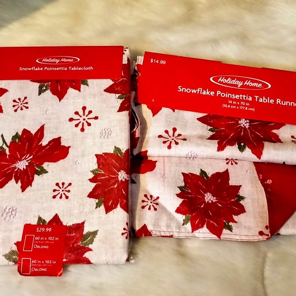Holiday Home Snowflake Poinsettia Tablecloth & Runner NEW